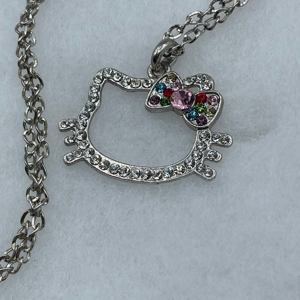Vintage Hello Kitty outline rhinestone silvertone tone necklace